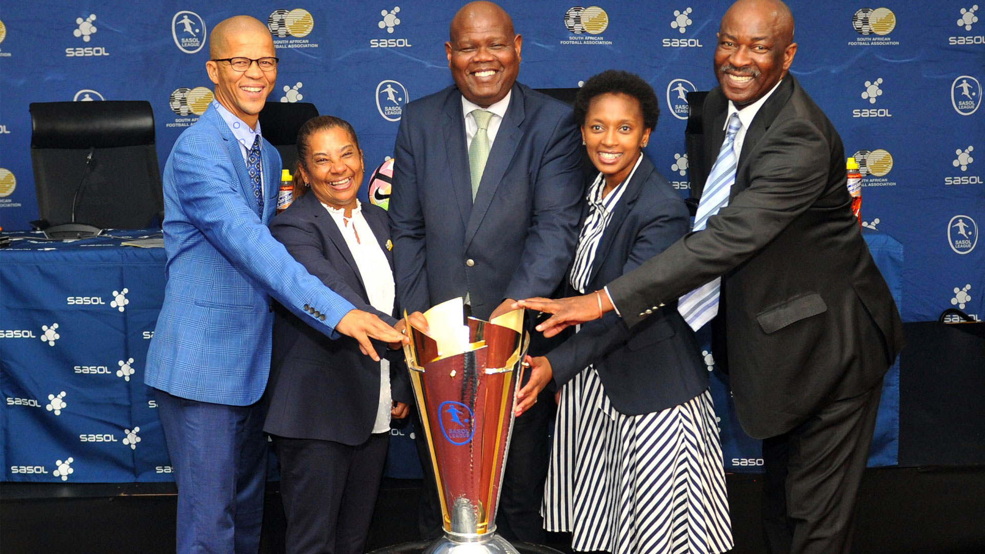 Gladwin White SAFA, Desiree Ellis coach of South Africa, Gay Mokoena SAFA Vice President and Acting CEO, Nozipho Mbatha SASOL Group Brand Manager and Thomas Sadiki SAFA Head of Competition during the 2019 SASOL League National Championship Draw on 21 November 2019 at SAFA House