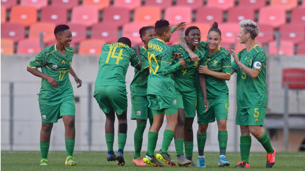 Sasol Banyana Banyana players celebrate a goal. during the AWCOn qualifier