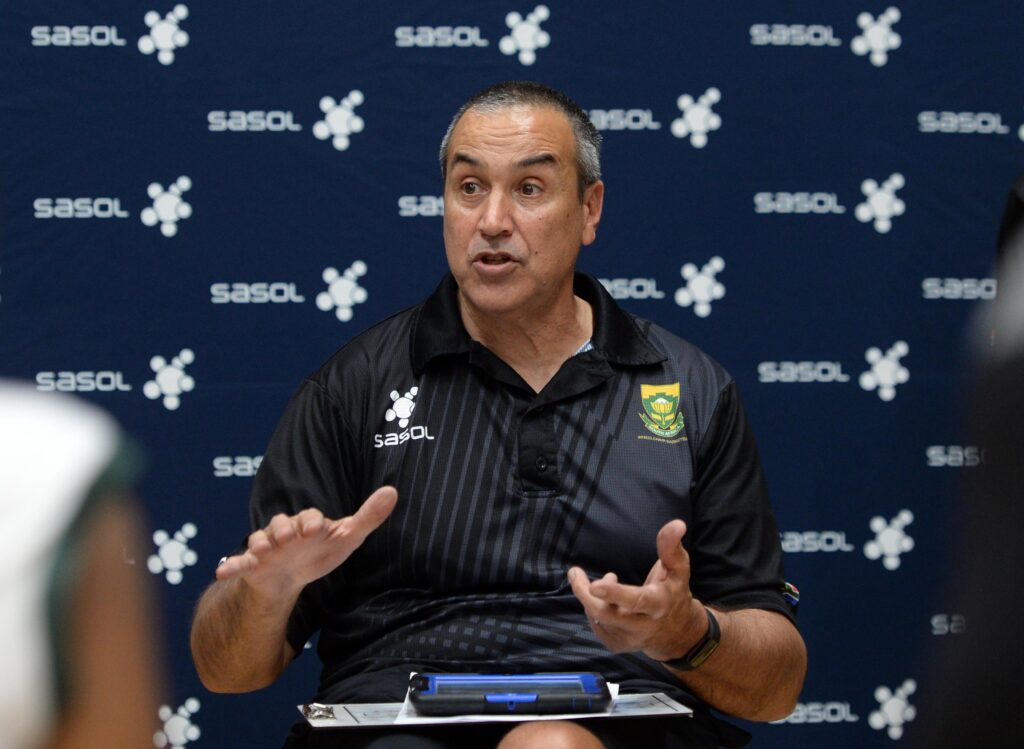 Lawrance Johnson, head coach of South Africa chats talks to his players during the 2023 African Para Games Senior Mens Qualifier game between South Africa and Zambia at Mandeville Sports Complex in Johannesburg.